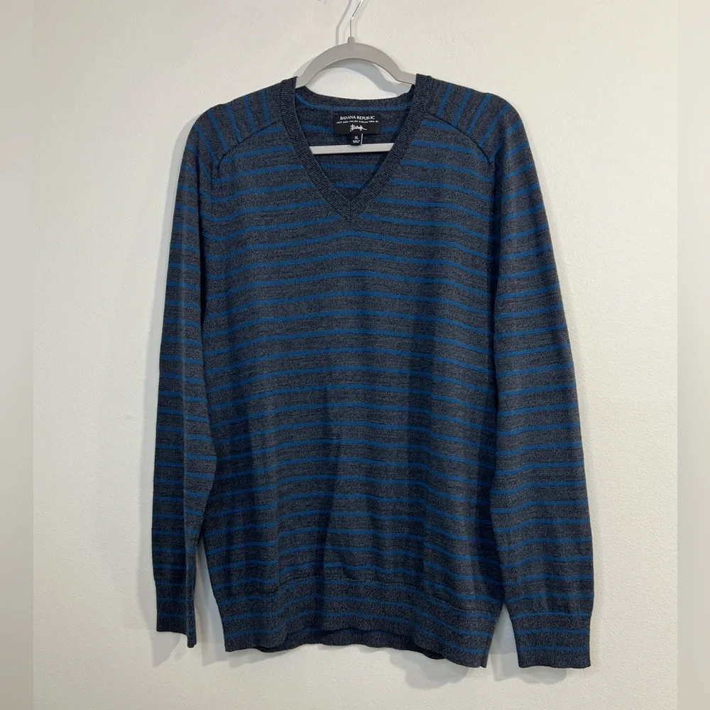Banana Republic Baruffa Italian Merino Sweater XL Blue Gray‎ Stripe Easy Care